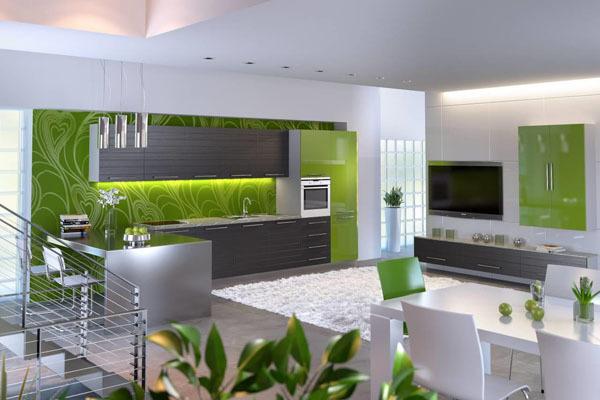 Oblikovanje kuhinje v zelenih tonih - modno in elegantno