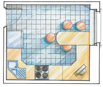 Primer razporeditve pohištva in opreme v kuhinjski risbi.