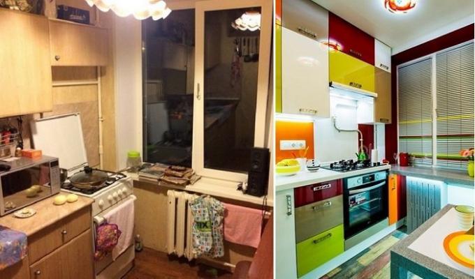 Pred in po: A briljantno preoblikovanje kuhinje v "Hruščov," območje 6 kvadratnih metrov. m