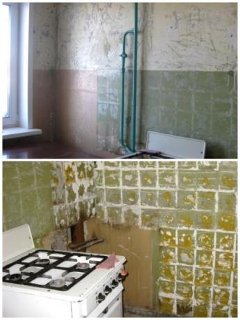 Za začetek, izvedla vse pohištva in očistiti stene starih ploščic in ozadje. | Foto: youtube.com.