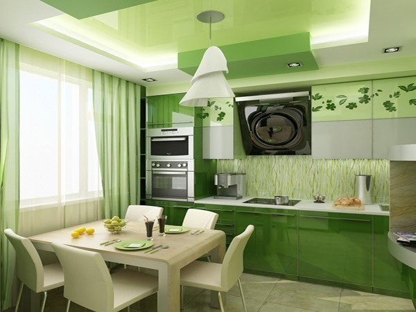 Kuhinja v zelenih tonih - celovitost notranjosti dopolnjuje izbiro jedi in zaves