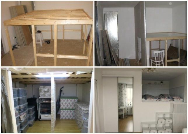 Koraki oblikovanja loft posteljo z skladiščnega prostora in garderobo. | Foto: youtube.com/ Anna_Studio.