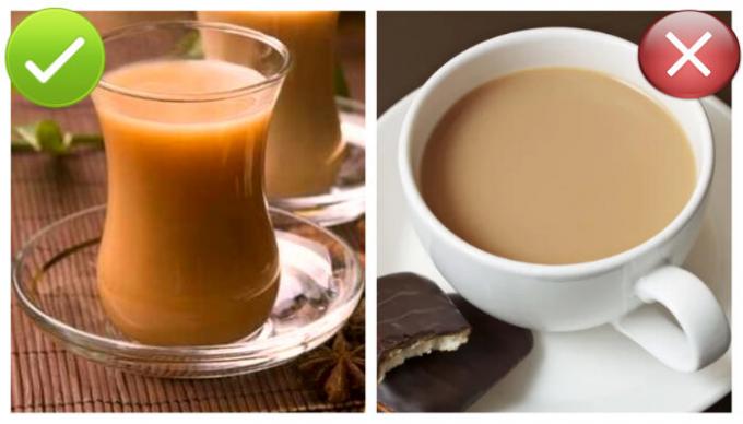 Kakovost čaj je oranžne barve z dodatkom mleka. 
