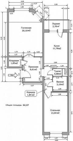 Tloris dvosobnega stanovanja v hiši serije IP-46S z vsemi dimenzijami