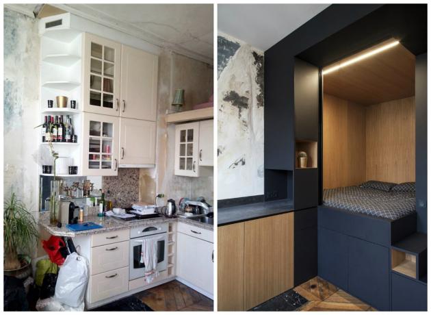 Krepko notranjost odnushki 32 m² s spalnico v omaro: pred in po fotografijah