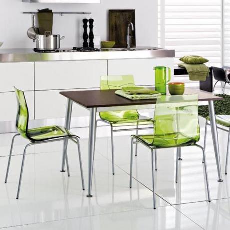 Svetle podrobnosti za preoblikovanje notranjosti - zeleni stoli za kuhinjo, barvne jedi 